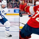 A split graphic recapping NHL news from March 19, 2026. The left side shows Auston Matthews of the Toronto Maple Leafs stick-handling in a white jersey. The right side shows Sergei Bobrovsky of the Florida Panthers making a diving save in a red jersey to secure his historic shutout.