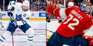 A split graphic recapping NHL news from March 19, 2026. The left side shows Auston Matthews of the Toronto Maple Leafs stick-handling in a white jersey. The right side shows Sergei Bobrovsky of the Florida Panthers making a diving save in a red jersey to secure his historic shutout.