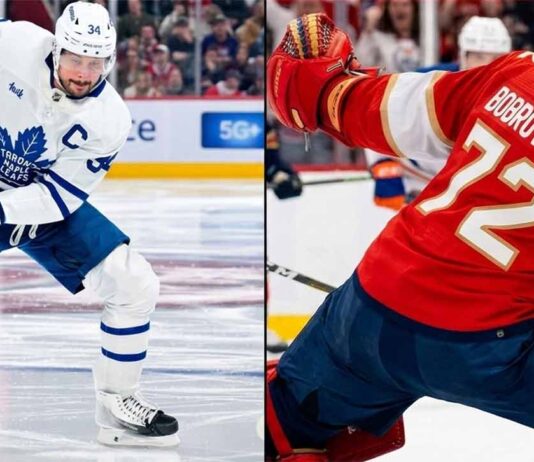 Latest NHL News & Scores: March 20, 2026 Updates A split graphic recapping NHL news from March 19, 2026. The left side shows Auston Matthews of the Toronto Maple Leafs stick-handling in a white jersey. The right side shows Sergei Bobrovsky of the Florida Panthers making a diving save in a red jersey to secure his historic shutout.