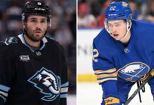 A vertical split image featuring Nick Schmaltz in a Utah Mammoth jersey (left) and Jack Quinn in a Buffalo Sabres jersey (right), representing the two biggest storylines in the latest NHL news on March 11, 2026.