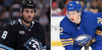 A vertical split image featuring Nick Schmaltz in a Utah Mammoth jersey (left) and Jack Quinn in a Buffalo Sabres jersey (right), representing the two biggest storylines in the latest NHL news on March 11, 2026.