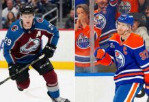Split photo of NHL superstars Nathan MacKinnon (left) and Connor McDavid (right) on the ice on March 3, 2026. Both players reached historic milestones on the same night, with MacKinnon hitting 100 points and McDavid securing his 70th assist.
