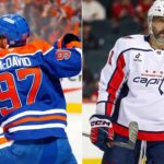 Latest NHL News Today: Scores, Updates & Ovechkin’s 1,000th Goal Split-screen image for latest NHL news comparison, featuring Connor McDavid (#97) in his Edmonton Oilers jersey celebrating (left) and Alex Ovechkin (#8) in his Washington Capitals captain's white jersey (right) on the ice.