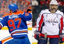 Latest NHL News Today: Scores, Updates & Ovechkin’s 1,000th Goal Split-screen image for latest NHL news comparison, featuring Connor McDavid (#97) in his Edmonton Oilers jersey celebrating (left) and Alex Ovechkin (#8) in his Washington Capitals captain's white jersey (right) on the ice.