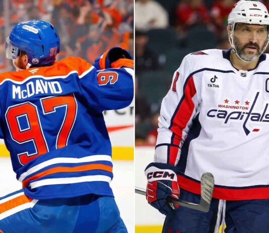 Latest NHL News Today: Scores, Updates & Ovechkin’s 1,000th Goal Split-screen image for latest NHL news comparison, featuring Connor McDavid (#97) in his Edmonton Oilers jersey celebrating (left) and Alex Ovechkin (#8) in his Washington Capitals captain's white jersey (right) on the ice.