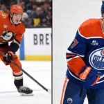 A split photograph featuring Anaheim Ducks forward Leo Carlsson (left) and Edmonton Oilers captain Connor McDavid (right) in action on the ice, highlighting the top NHL news stories from March 16, 2026.