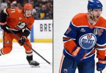 A split photograph featuring Anaheim Ducks forward Leo Carlsson (left) and Edmonton Oilers captain Connor McDavid (right) in action on the ice, highlighting the top NHL news stories from March 16, 2026.