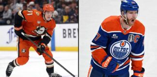 A split photograph featuring Anaheim Ducks forward Leo Carlsson (left) and Edmonton Oilers captain Connor McDavid (right) in action on the ice, highlighting the top NHL news stories from March 16, 2026.
