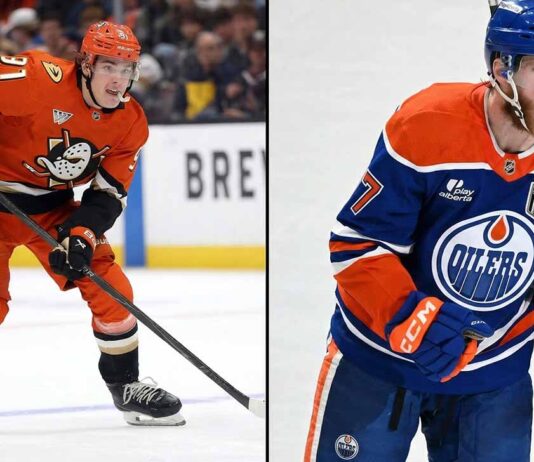 A split photograph featuring Anaheim Ducks forward Leo Carlsson (left) and Edmonton Oilers captain Connor McDavid (right) in action on the ice, highlighting the top NHL news stories from March 16, 2026.