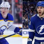 A vertically split photograph featuring Rasmus Dahlin (Left, Sabres) focused on the ice and Brandon Hagel (Right, Lightning) screaming in intense celebration. Both players are wearing their respective team jerseys.