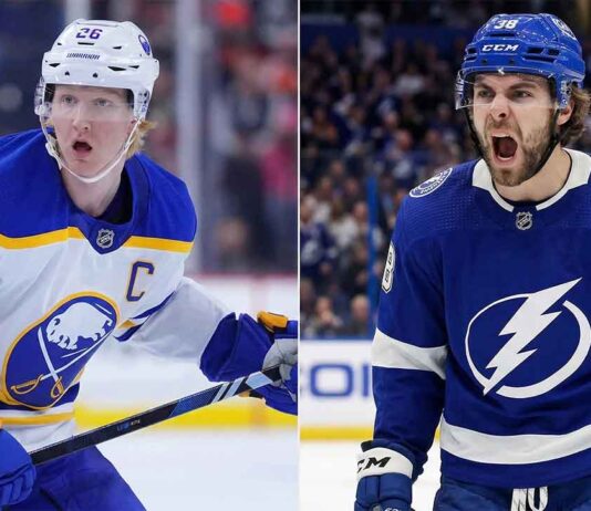 A vertically split photograph featuring Rasmus Dahlin (Left, Sabres) focused on the ice and Brandon Hagel (Right, Lightning) screaming in intense celebration. Both players are wearing their respective team jerseys.
