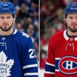 Mason McTavish NHL trade rumors concept image: Split-screen portrait wearing Toronto Maple Leafs and Montreal Canadiens jerseys.