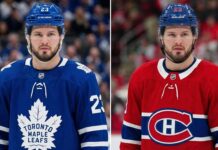 Mason McTavish NHL trade rumors concept image: Split-screen portrait wearing Toronto Maple Leafs and Montreal Canadiens jerseys.