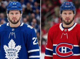 Anaheim Ducks Trade Rumors: Mason McTavish Landing Spots Mason McTavish NHL trade rumors concept image: Split-screen portrait wearing Toronto Maple Leafs and Montreal Canadiens jerseys.