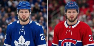 Anaheim Ducks Trade Rumors: Mason McTavish Landing Spots Mason McTavish NHL trade rumors concept image: Split-screen portrait wearing Toronto Maple Leafs and Montreal Canadiens jerseys.