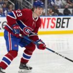 Matthew Knies of the Toronto Maple Leafs pictured in a hypothetical Montreal Canadiens home uniform amidst NHL trade rumors.