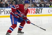 Matthew Knies of the Toronto Maple Leafs pictured in a hypothetical Montreal Canadiens home uniform amidst NHL trade rumors.