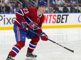 Matthew Knies of the Toronto Maple Leafs pictured in a hypothetical Montreal Canadiens home uniform amidst NHL trade rumors.