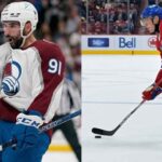 NHL News vertical split-screen image showing Nazem Kadri in his white Colorado Avalanche jersey celebrating intensely with hand raised, and Patrik Laine in his red Montreal Canadiens jersey stickhandling the puck.