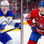 A vertically split graphic comparing Buffalo Sabres Captain Rasmus Dahlin (left) in a white away jersey and Montreal Canadiens rookie standout Ivan Demidov (right) in a red home jersey, highlighting key players making headlines in today's NHL news and rookie scoring races.