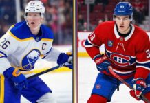 A vertically split graphic comparing Buffalo Sabres Captain Rasmus Dahlin (left) in a white away jersey and Montreal Canadiens rookie standout Ivan Demidov (right) in a red home jersey, highlighting key players making headlines in today's NHL news and rookie scoring races.
