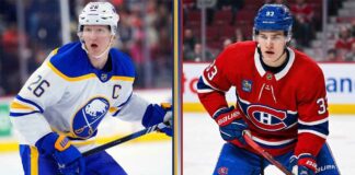 A vertically split graphic comparing Buffalo Sabres Captain Rasmus Dahlin (left) in a white away jersey and Montreal Canadiens rookie standout Ivan Demidov (right) in a red home jersey, highlighting key players making headlines in today's NHL news and rookie scoring races.