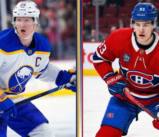 A vertically split graphic comparing Buffalo Sabres Captain Rasmus Dahlin (left) in a white away jersey and Montreal Canadiens rookie standout Ivan Demidov (right) in a red home jersey, highlighting key players making headlines in today's NHL news and rookie scoring races.