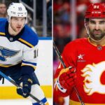 Split image of NHL players Brayden Schenn (left) and Nazem Kadri (right) in their respective jerseys, highlighting the latest trade news.