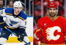 Split image of NHL players Brayden Schenn (left) and Nazem Kadri (right) in their respective jerseys, highlighting the latest trade news.