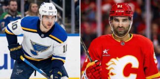 Split image of NHL players Brayden Schenn (left) and Nazem Kadri (right) in their respective jerseys, highlighting the latest trade news.