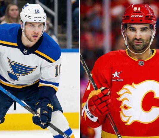 Split image of NHL players Brayden Schenn (left) and Nazem Kadri (right) in their respective jerseys, highlighting the latest trade news.