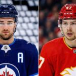 NHL News: March 21, 2026 Updates, Injury Reports & March 20 Scores Vertically split photograph featuring Winnipeg Jets defenseman Neal Pionk and Calgary Flames forward Connor Zary in their respective blue and red team uniforms, providing visual context for the latest NHL news regarding player injury returns and game results.