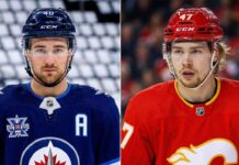 NHL News: March 21, 2026 Updates, Injury Reports & March 20 Scores Vertically split photograph featuring Winnipeg Jets defenseman Neal Pionk and Calgary Flames forward Connor Zary in their respective blue and red team uniforms, providing visual context for the latest NHL news regarding player injury returns and game results.