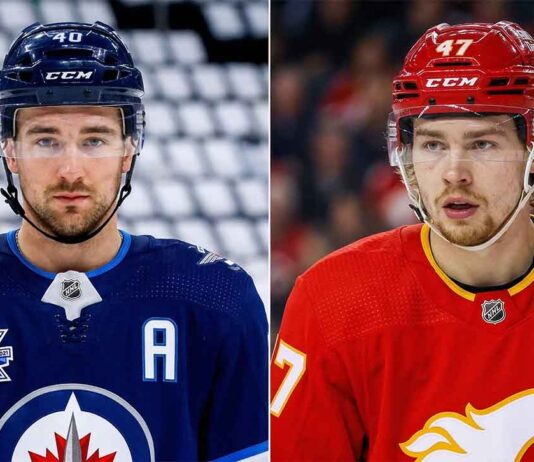 NHL News: March 21, 2026 Updates, Injury Reports & March 20 Scores Vertically split photograph featuring Winnipeg Jets defenseman Neal Pionk and Calgary Flames forward Connor Zary in their respective blue and red team uniforms, providing visual context for the latest NHL news regarding player injury returns and game results.