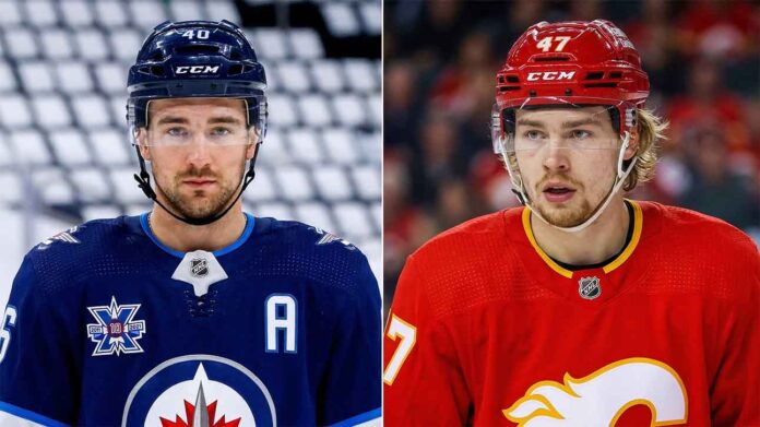 Vertically split photograph featuring Winnipeg Jets defenseman Neal Pionk and Calgary Flames forward Connor Zary in their respective blue and red team uniforms, providing visual context for the latest NHL news regarding player injury returns and game results.