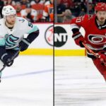 Latest NHL News Today: Global Series, Injuries & March 23 Scores Split-panel sports photography featuring Seattle Kraken player Shane Wright and Carolina Hurricanes captain Sebastian Aho, illustrating today's NHL News story about the 2026 Global Series.
