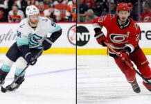 Latest NHL News Today: Global Series, Injuries & March 23 Scores Split-panel sports photography featuring Seattle Kraken player Shane Wright and Carolina Hurricanes captain Sebastian Aho, illustrating today's NHL News story about the 2026 Global Series.