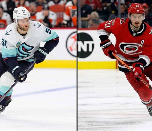 Latest NHL News Today: Global Series, Injuries & March 23 Scores Split-panel sports photography featuring Seattle Kraken player Shane Wright and Carolina Hurricanes captain Sebastian Aho, illustrating today's NHL News story about the 2026 Global Series.