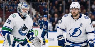 Split-screen image featuring Vancouver Canucks goaltender Thatcher Demko (#35) and Tampa Bay Lightning captain Victor Hedman (#77), as featured in today's NHL news.