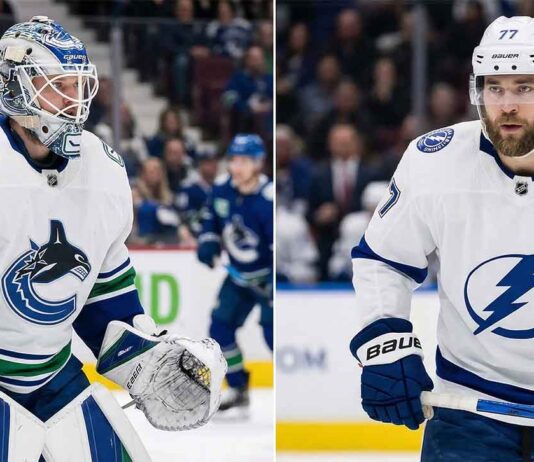 NHL News & Scores Today (March 26): Rangers Eliminated, Hedman Update Split-screen image featuring Vancouver Canucks goaltender Thatcher Demko (#35) and Tampa Bay Lightning captain Victor Hedman (#77), as featured in today's NHL news.