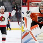Latest NHL News, Scores, and Injury Updates | March 27, 2026 A split screen image showing an Ottawa Senators player celebrating a goal in a white away jersey (left) and Philadelphia Flyers rookie goalie Ivan Fedotov in his orange home jersey making a save (right), representing key storylines in the latest NHL news regarding the Eastern Conference playoff race.