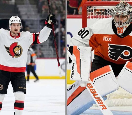 Latest NHL News, Scores, and Injury Updates | March 27, 2026 A split screen image showing an Ottawa Senators player celebrating a goal in a white away jersey (left) and Philadelphia Flyers rookie goalie Ivan Fedotov in his orange home jersey making a save (right), representing key storylines in the latest NHL news regarding the Eastern Conference playoff race.