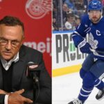 Split image featuring Detroit Red Wings General Manager Steve Yzerman at a press conference (left) and Toronto Maple Leafs captain Auston Matthews skating in a blue #34 jersey (right), representing the latest NHL news on playoff races and trade rumors.