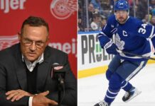 Latest NHL News & Scores: Matthews Rumors, Bruins Signings & Updates Split image featuring Detroit Red Wings General Manager Steve Yzerman at a press conference (left) and Toronto Maple Leafs captain Auston Matthews skating in a blue #34 jersey (right), representing the latest NHL news on playoff races and trade rumors.