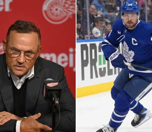 Split image featuring Detroit Red Wings General Manager Steve Yzerman at a press conference (left) and Toronto Maple Leafs captain Auston Matthews skating in a blue #34 jersey (right), representing the latest NHL news on playoff races and trade rumors.