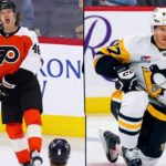 NHL News: Devils Rally Past Blackhawks, Flyers Edge Stars in OT Split image of Philadelphia Flyers Trevor Zegras (#46) yelling in celebration and Pittsburgh Penguins captain Sidney Crosby (#87) kneeling on the ice. Key focus of March 30, 2026 NHL News regarding the Eastern Conference playoff race.