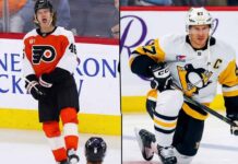 NHL News: Devils Rally Past Blackhawks, Flyers Edge Stars in OT Split image of Philadelphia Flyers Trevor Zegras (#46) yelling in celebration and Pittsburgh Penguins captain Sidney Crosby (#87) kneeling on the ice. Key focus of March 30, 2026 NHL News regarding the Eastern Conference playoff race.