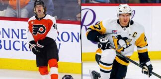 Split image of Philadelphia Flyers Trevor Zegras (#46) yelling in celebration and Pittsburgh Penguins captain Sidney Crosby (#87) kneeling on the ice. Key focus of March 30, 2026 NHL News regarding the Eastern Conference playoff race.