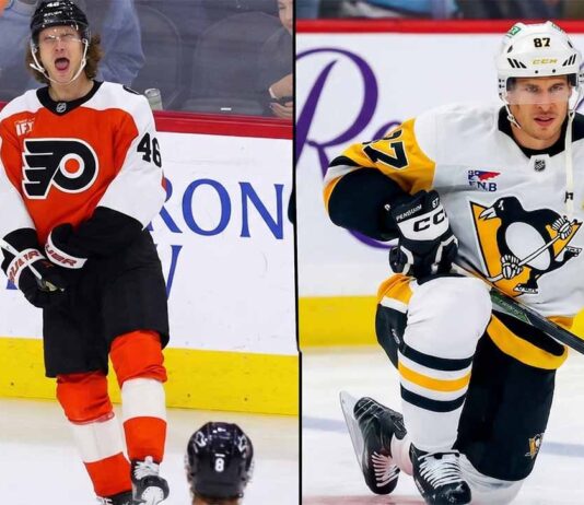 NHL News: Devils Rally Past Blackhawks, Flyers Edge Stars in OT Split image of Philadelphia Flyers Trevor Zegras (#46) yelling in celebration and Pittsburgh Penguins captain Sidney Crosby (#87) kneeling on the ice. Key focus of March 30, 2026 NHL News regarding the Eastern Conference playoff race.