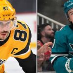 NHL News: Penguins & Avalanche Score Big; Crosby Hits 1,100 Assists Split image comparing NHL superstars Sidney Crosby of the Pittsburgh Penguins and Macklin Celebrini of the San Jose Sharks. The left side shows Crosby focused; the right side shows Celebrini smiling.